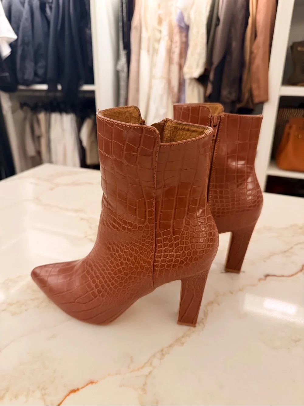 Women's Croc-Embossed Brown High-Heel Ankle Boots